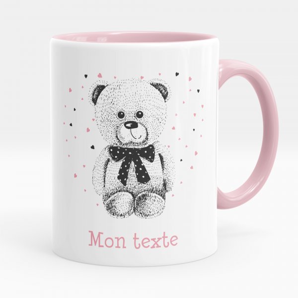 Customizable mug for kids with teddy bear and pink hearts pattern