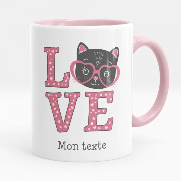 Customizable mug for kids with pink cat love pattern