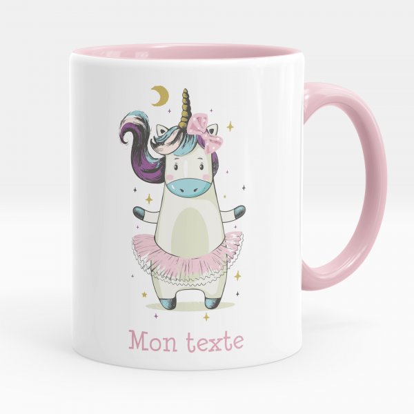 Customizable mug for kids with pink unicorn dancer pattern