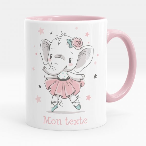 Customizable mug for kids with pink elephant dancer pattern