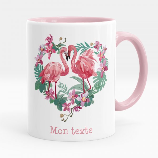 Customizable mug for kids with pink flamingos heart pattern in pink color