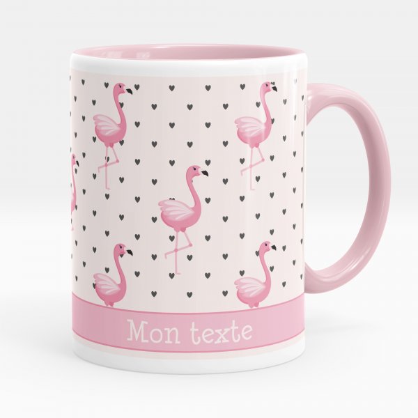 Customizable mug for kids with pink flamingos and pink hearts pattern