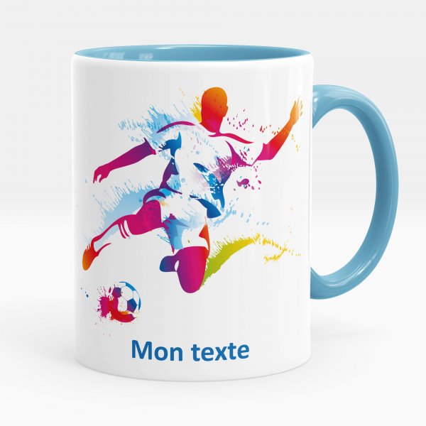 Customizable mug for kids with soccer player blue color pattern