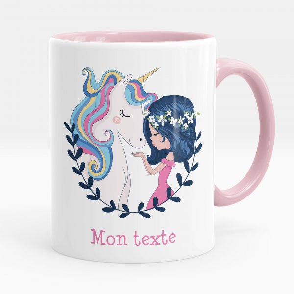 Customizable mug for kids with pink unicorn and girl pattern