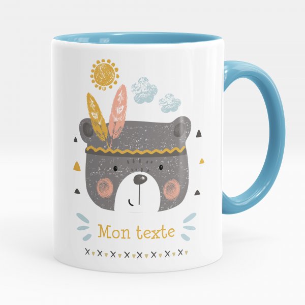 Customizable mug for kids with Indian teddy bear in blue color pattern