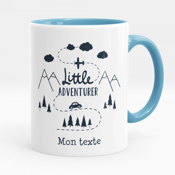 Customizable mug for kids with little adventurer of blue color pattern