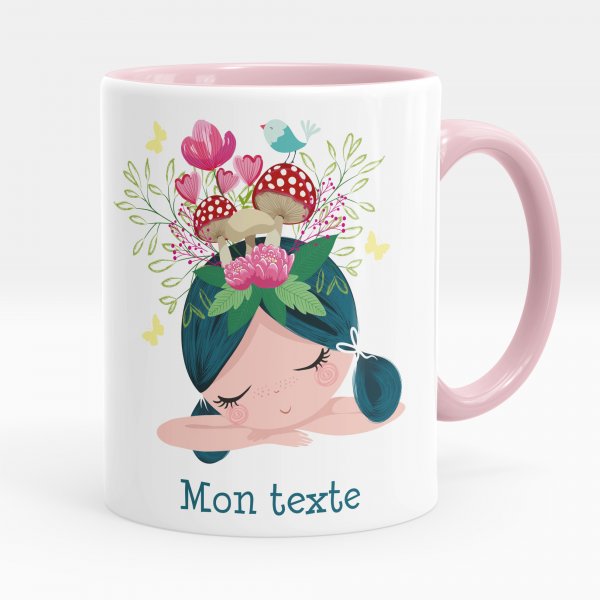 Customizable mug for kids with little girl pink mushrooms pattern