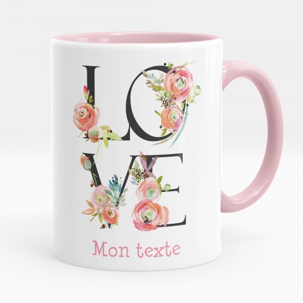 Customizable mug for kids with love pink flowers pattern