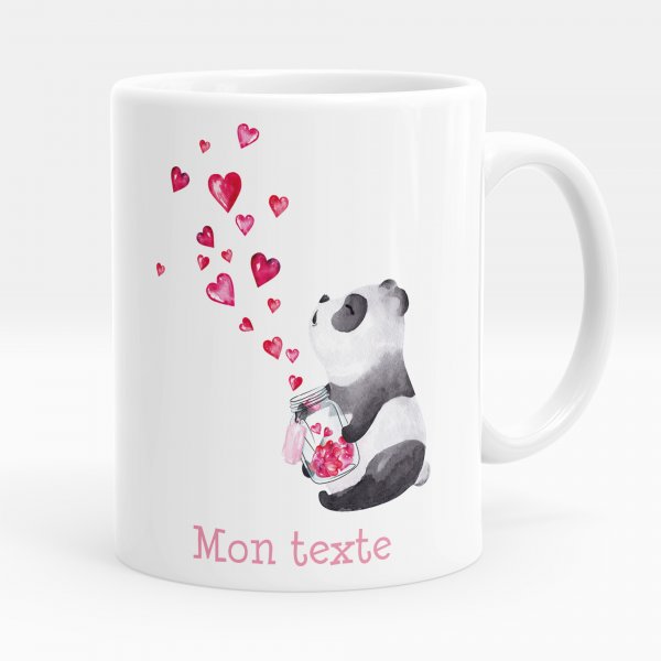 Customizable mug for kids with panda and hearts in white color pattern