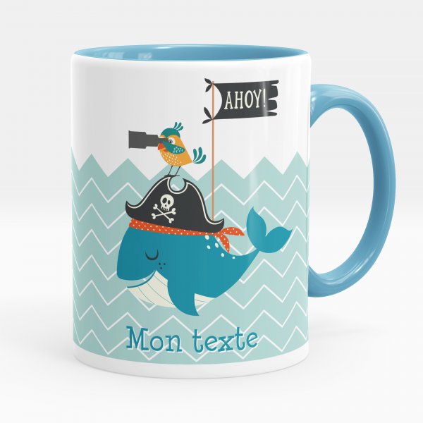 Customizable mug for kids with blue pirate whale pattern