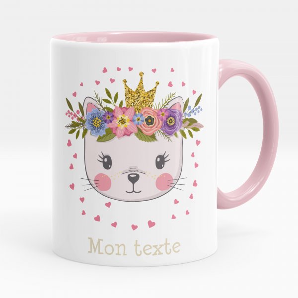 Customizable mug for kids with pink princess kitten pattern