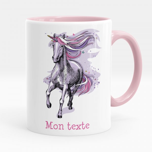 Customizable mug for kids with purple unicorn in pink color pattern