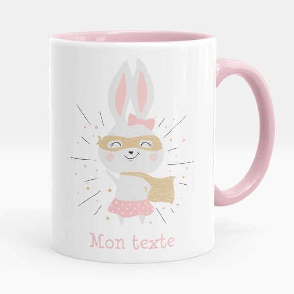 Customizable mug for kids with pink superhero rabbit pattern