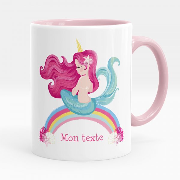 Customizable mug for kids with pink rainbow mermaid pattern