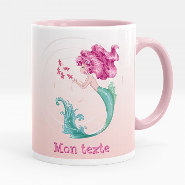 Customizable mug for kids with pink mermaid pattern