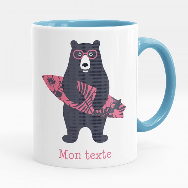 Customizable mug for kids with surfer bear in blue color pattern