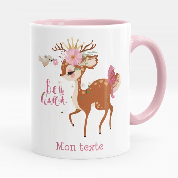 Customizable mug for kids with fawn be the queen of pink color pattern