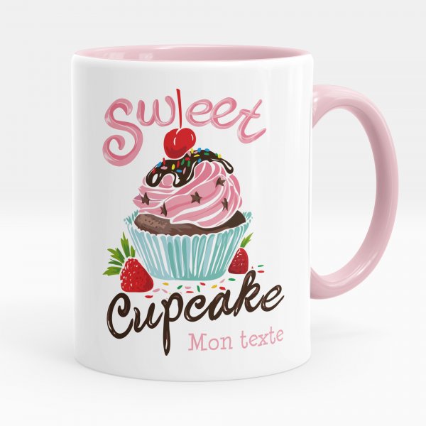 Customizable mug for kids with sweet cupcake pattern in pink color
