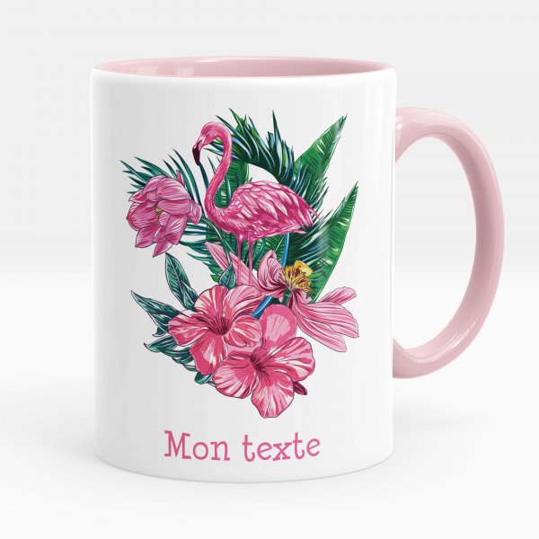 Customizable mug for kids with pink tropical flamingo pattern