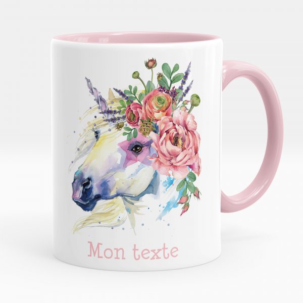 Customizable mug for kids with unicorn and pink flowers pattern