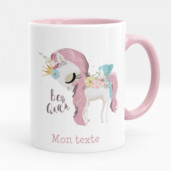 Customizable mug for kids with unicorn be the queen of pink color pattern