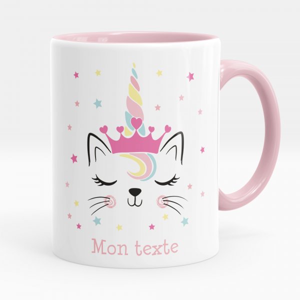 Customizable mug for kids with pink unicorn cat pattern