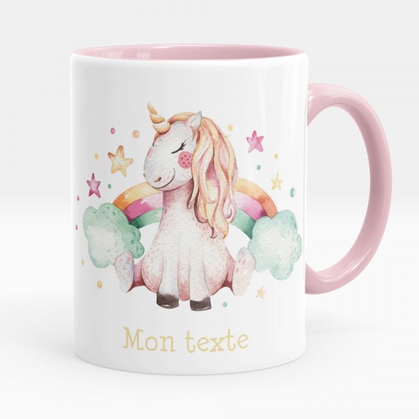 Customizable mug for kids with unicorn pattern clouds and rainbow pink color