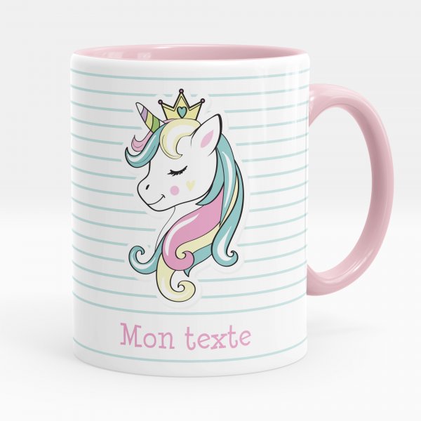 Customizable mug for kids with pink unicorn princess pattern