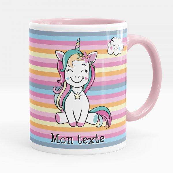Customizable child mug with pink unicorn pattern