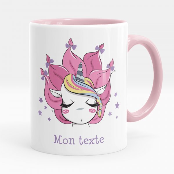Customizable mug for kids with unicorn pattern and pink stars