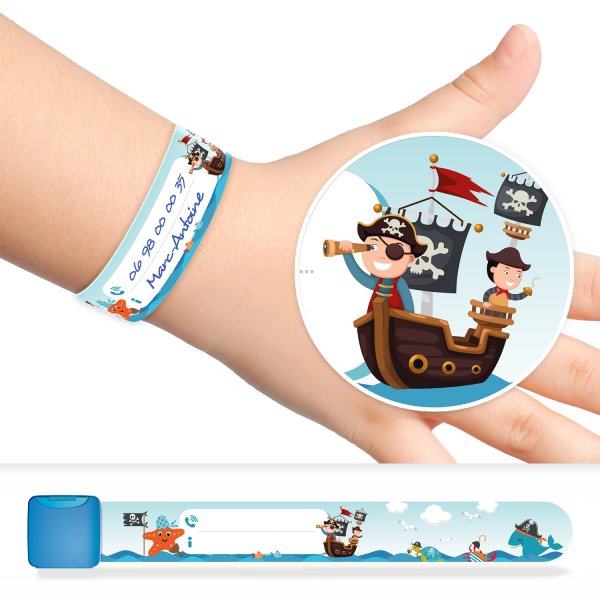 Identification and safety bracelet for kids with pirates pattern