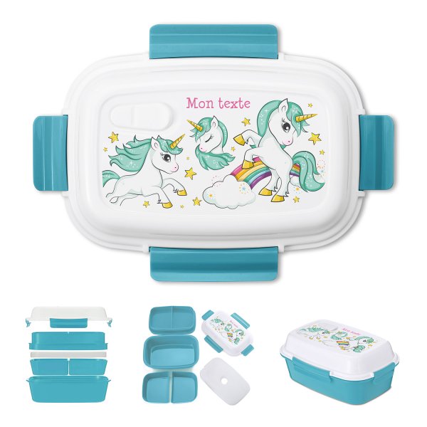 Lunch box - bento - customizable lunchbox for kids unicorn pattern rainbow blue color
