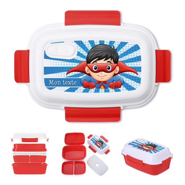 Lunch box - bento - customizable lunchbox for kids superhero pattern red color