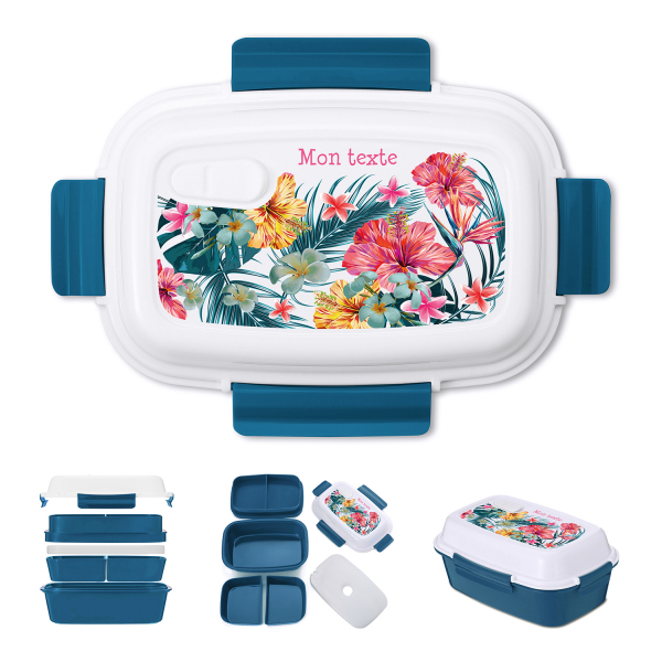 Lunch box - bento - for kids's customizable lunch box tropical pattern petrol blue color