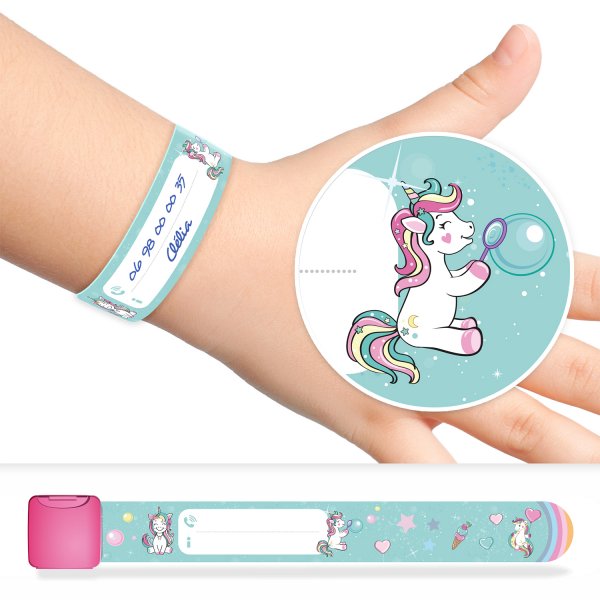 Identification and safety bracelet for kids with unicorns pattern